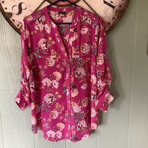 Simply Emma Size 1X Vibrant Pink Floral Long Sleeve Top